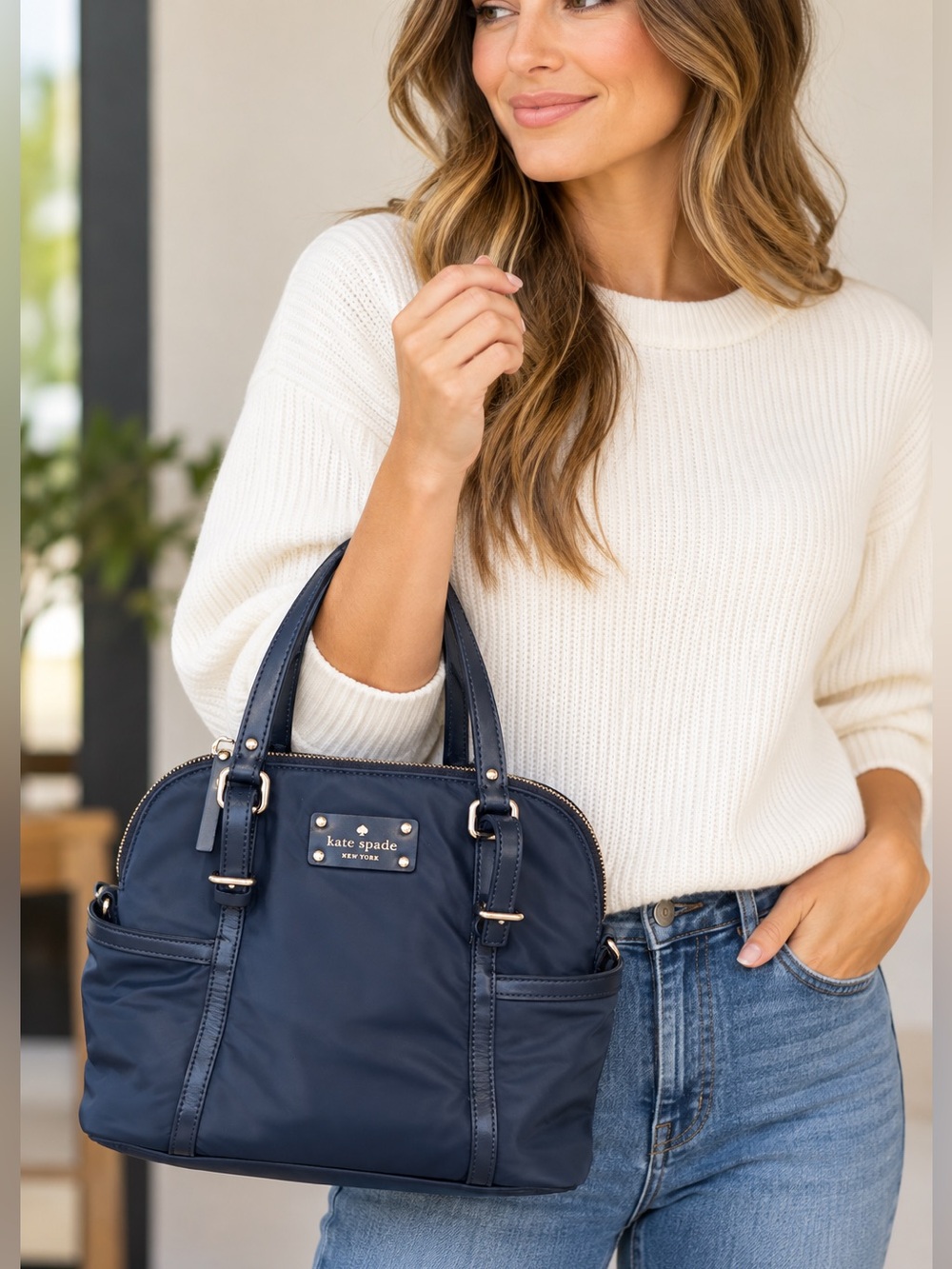 Kate Spade New York Navy Nylon Leather Trim Satchel Handbag Fall Fashion